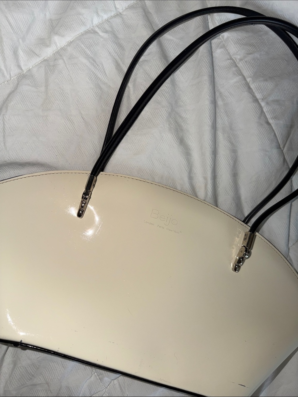 Beijo Cream Patent Tote with Black Shoulder Straps